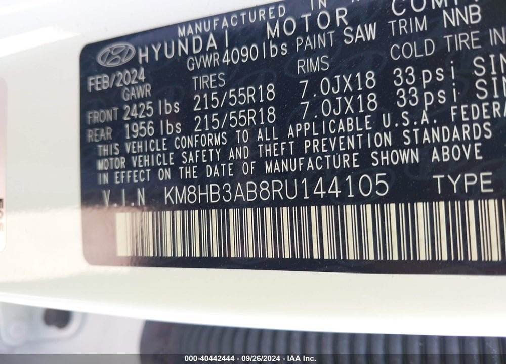 2024 HYUNDAI KONA VIN: KM8HB3AB8RU144105