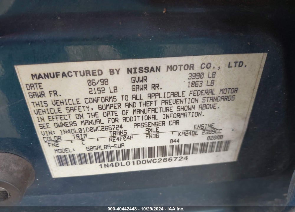 1998 NISSAN ALTIMA GLE/GXE/SE/XE VIN: 1N4DL01D0WC266724