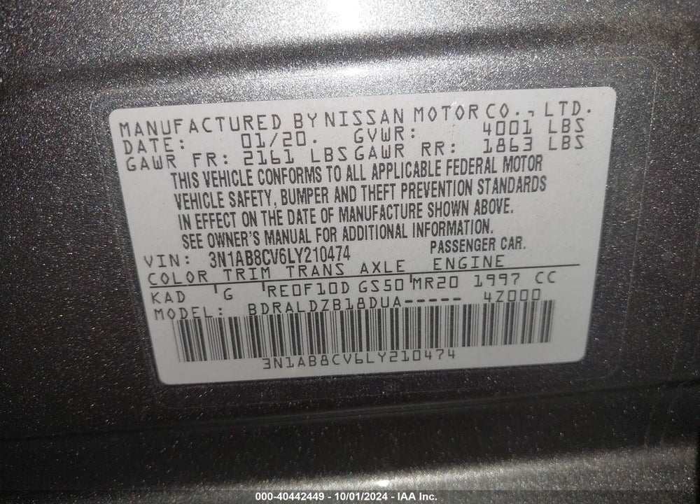 2020 NISSAN SENTRA SV XTRONIC CVT VIN: 3N1AB8CV6LY210474
