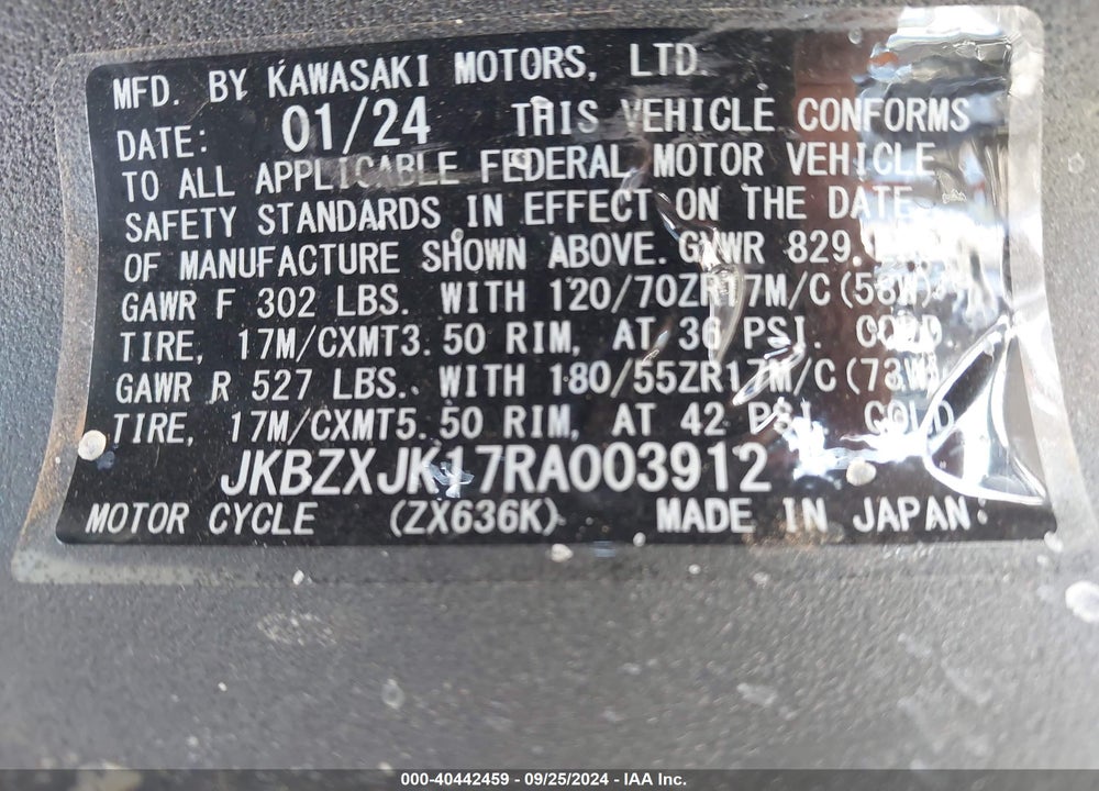 2024 KAWASAKI ZX636 K VIN: JKBZXJK17RA003912