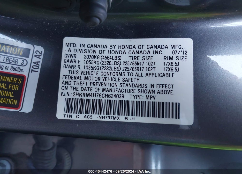 2012 HONDA CR-V EX-L VIN: 2HKRM4H76CH624039