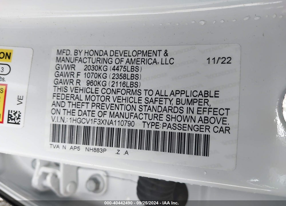 2022 HONDA ACCORD SPORT VIN: 1HGCV1F3XNA110790