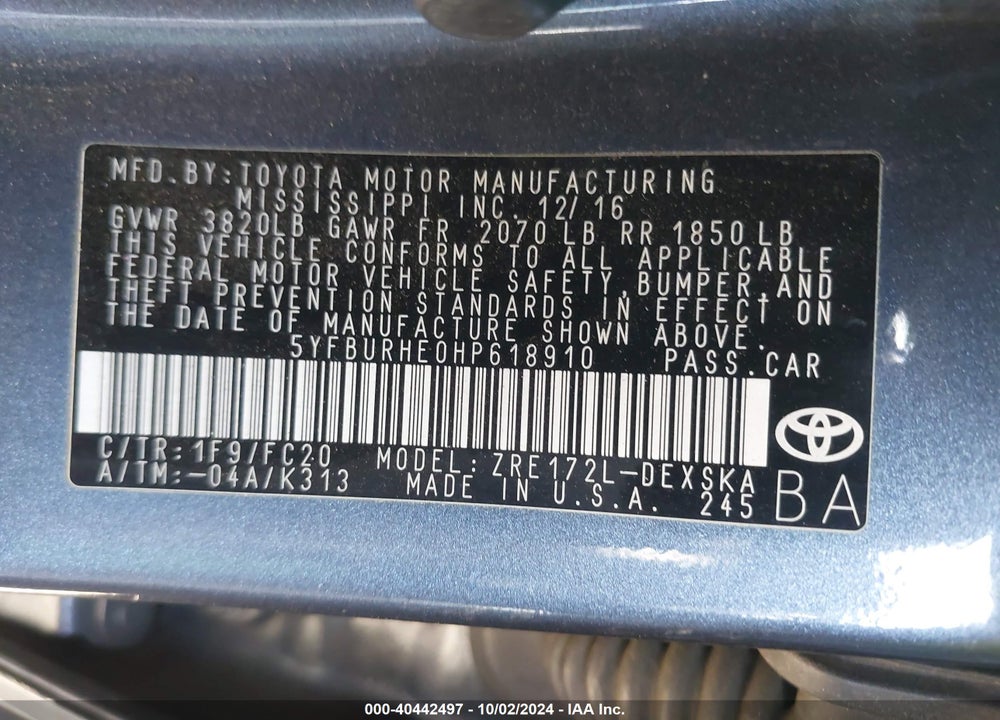 2017 TOYOTA COROLLA SE VIN: 5YFBURHE0HP618910