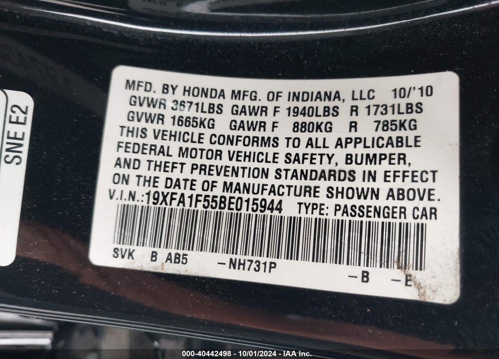 2011 HONDA CIVIC LX VIN: 19XFA1F55BE015944