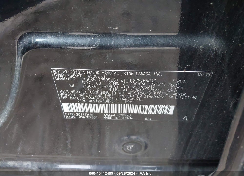 2013 TOYOTA RAV4 XLE VIN: 2T3RFREV4DW108704