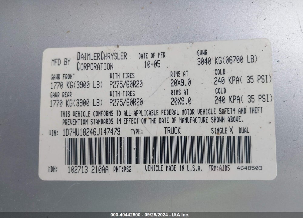 2006 DODGE RAM 1500 SLT VIN: 1D7HU18246J147479