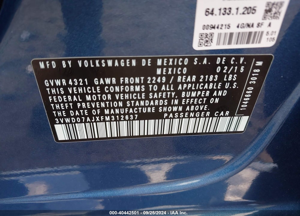 2015 VOLKSWAGEN JETTA 1.8T SE VIN: 3VWD07AJXFM312637