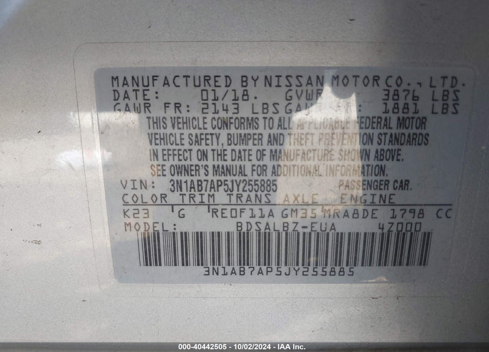 2018 NISSAN SENTRA S VIN: 3N1AB7AP5JY255885