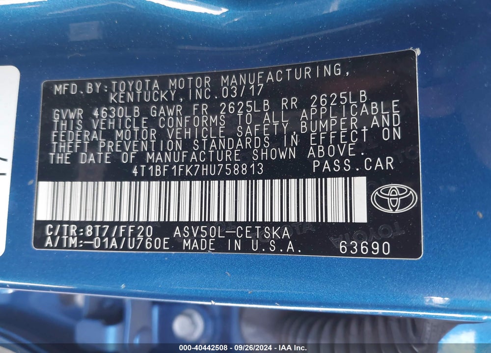 2017 TOYOTA CAMRY SE VIN: 4T1BF1FK7HU758813