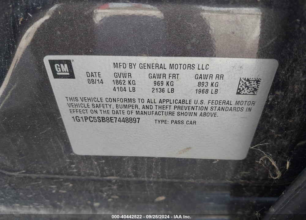 2014 CHEVROLET CRUZE 1LT AUTO VIN: 1G1PC5SB8E7448897
