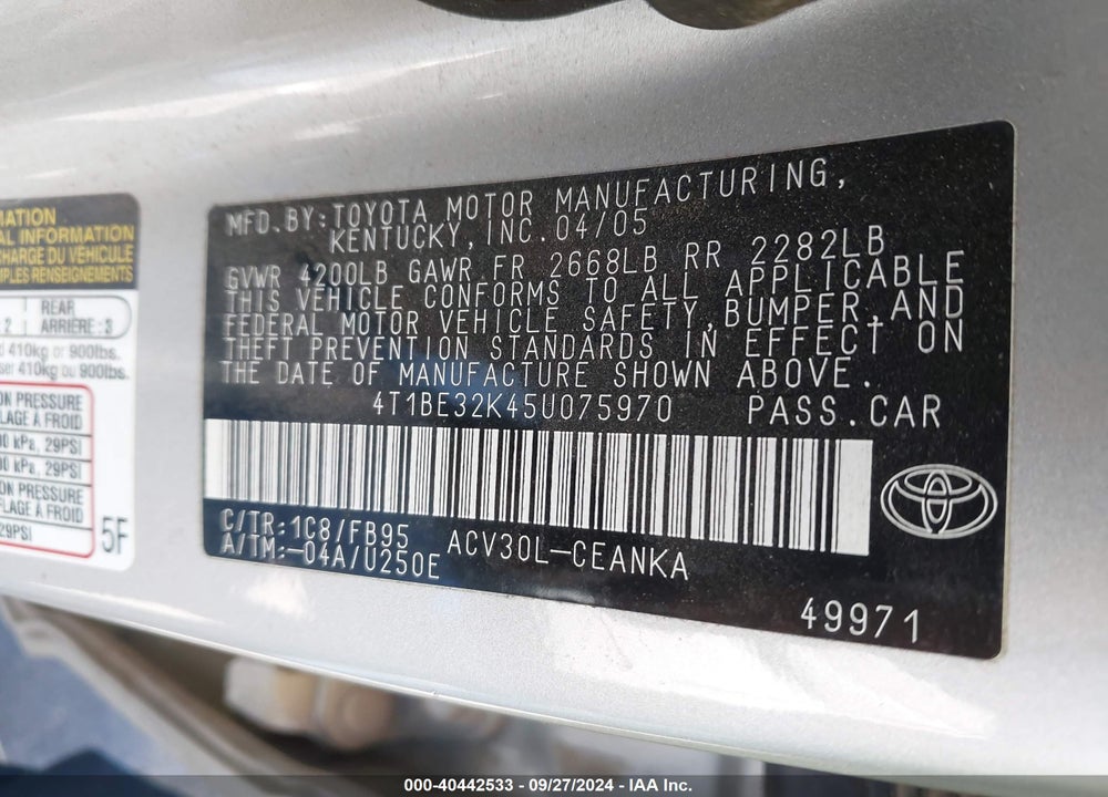2005 TOYOTA CAMRY VIN: 4T1BE32K45U075970