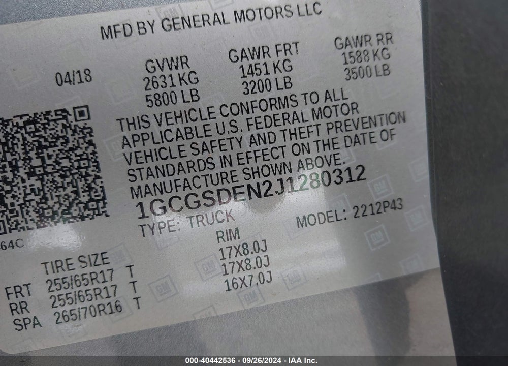2018 CHEVROLET COLORADO Z71 VIN: 1GCGSDEN2J1280312