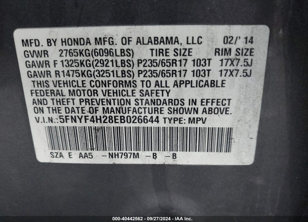 2014 HONDA PILOT LX VIN: 5FNYF4H28EB026644