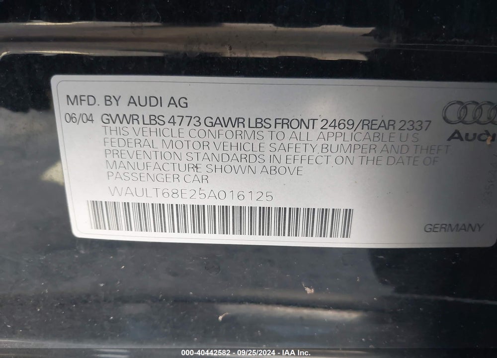 2005 AUDI A4 3.0 VIN: WAULT68E25A016125