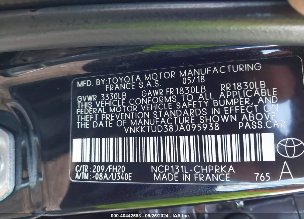 2018 TOYOTA YARIS LE VIN: VNKKTUD38JA095938