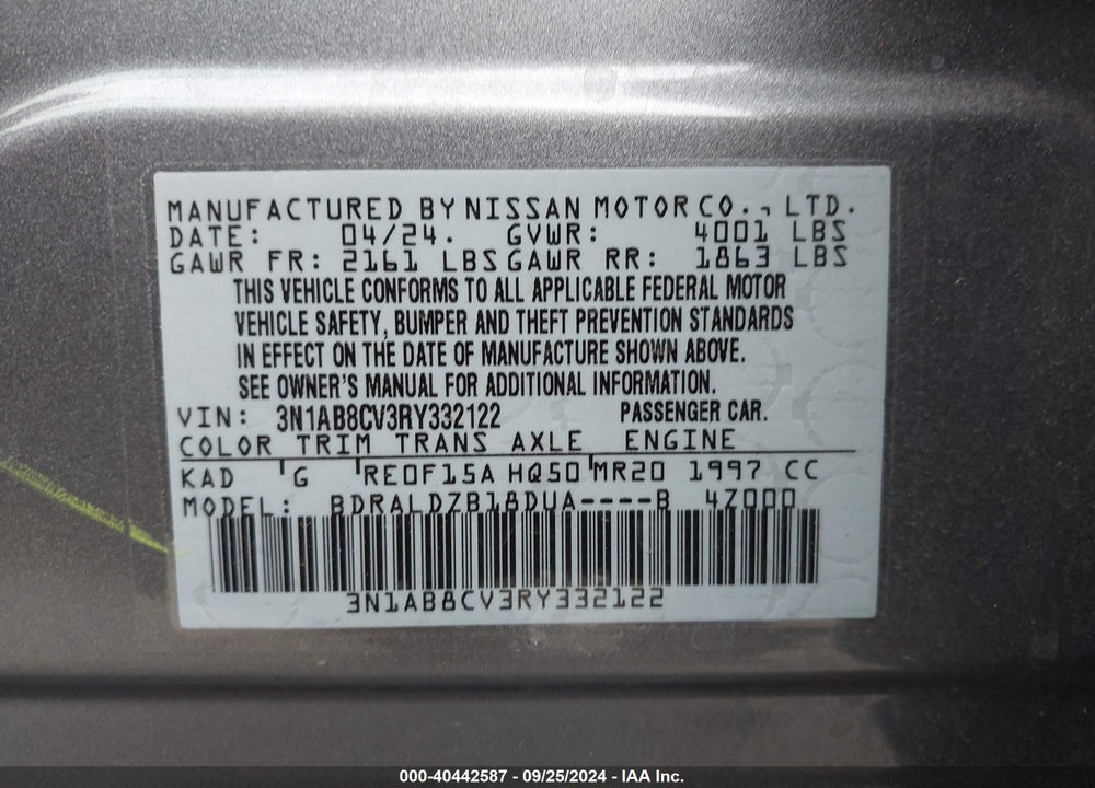 2024 NISSAN SENTRA VIN: 3N1AB8CV3RY332122