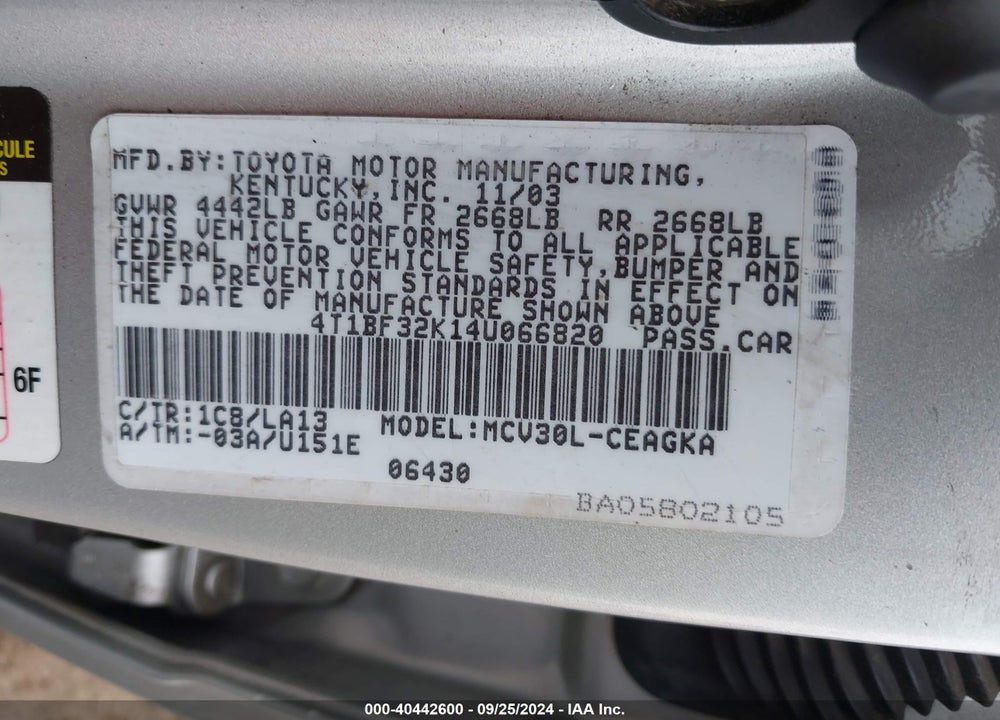2004 TOYOTA CAMRY XLE V6 VIN: 4T1BF32K14U066820