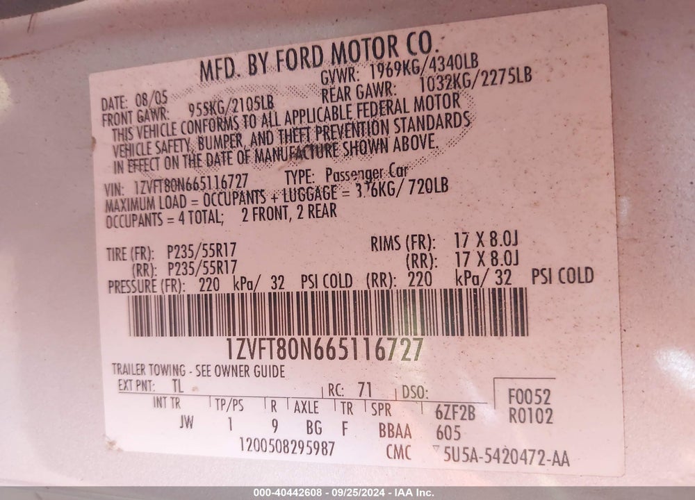 2006 FORD MUSTANG V6 VIN: 1ZVFT80N665116727