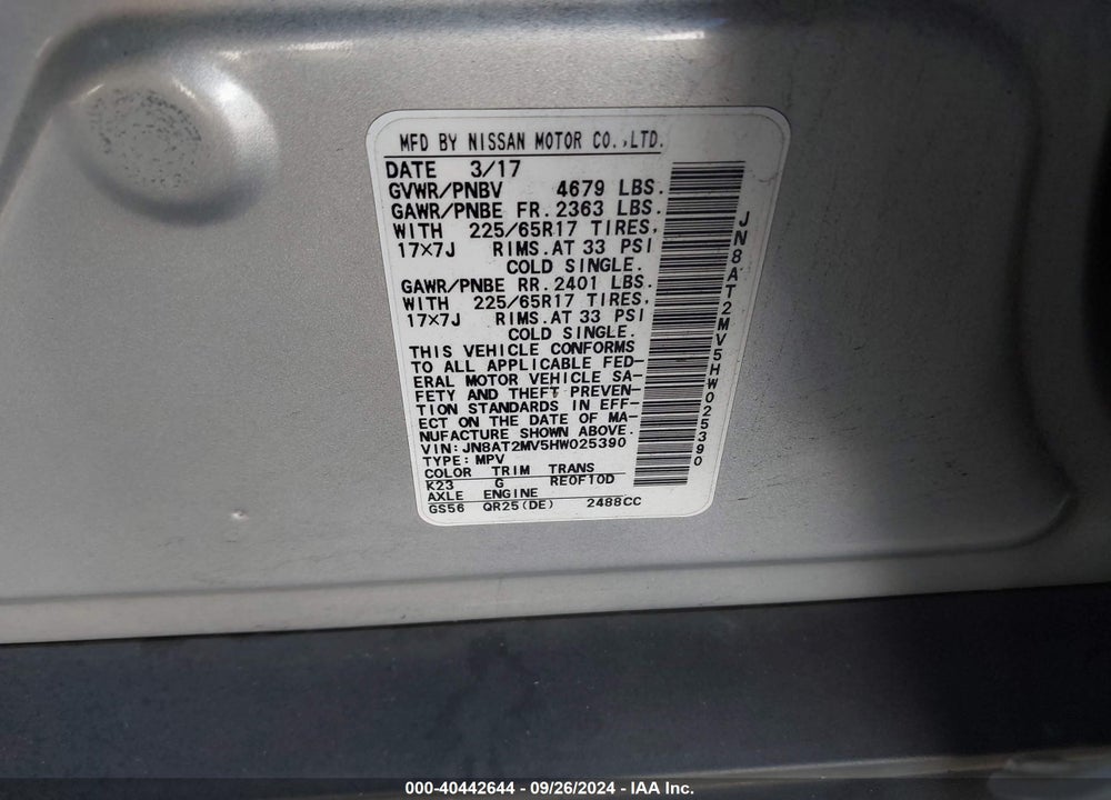2017 NISSAN ROGUE S VIN: JN8AT2MV5HW025390