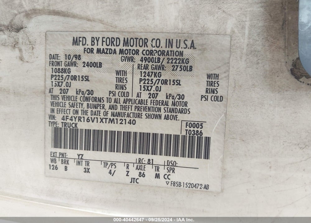1999 MAZDA B3000 SE/TL VIN: 4F4YR16V1XTM12140