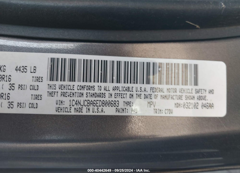2014 JEEP COMPASS SPORT VIN: 1C4NJCBA6ED800683