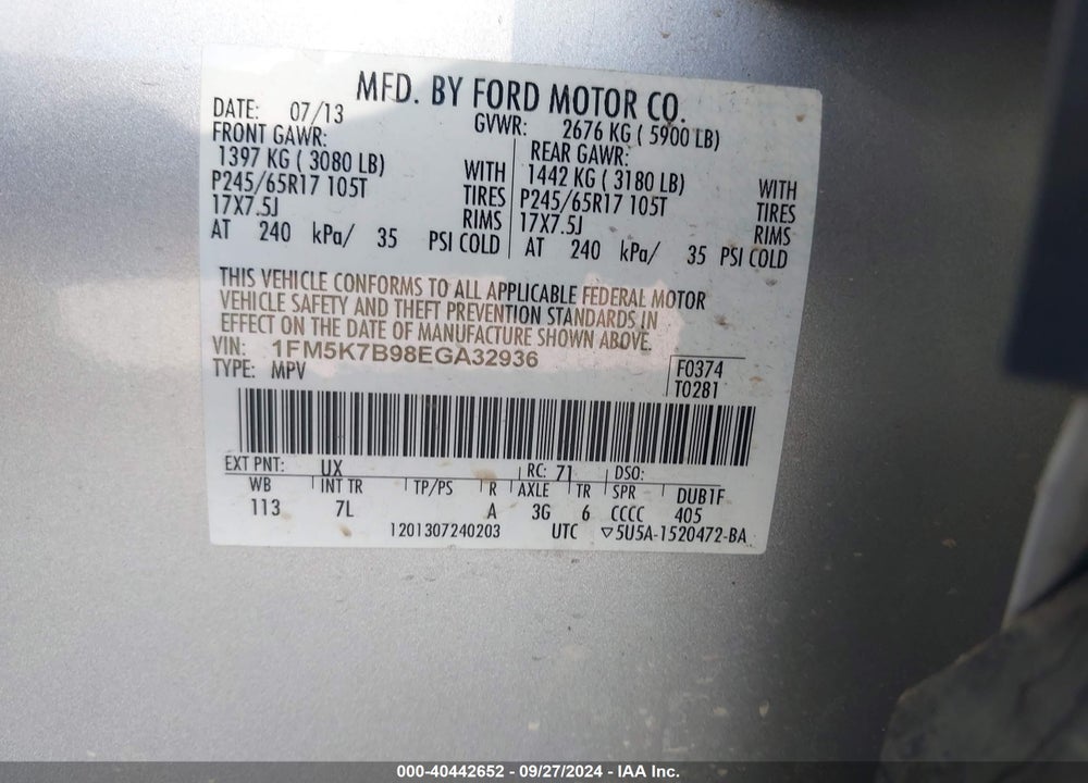 2014 FORD EXPLORER VIN: 1FM5K7B98EGA32936