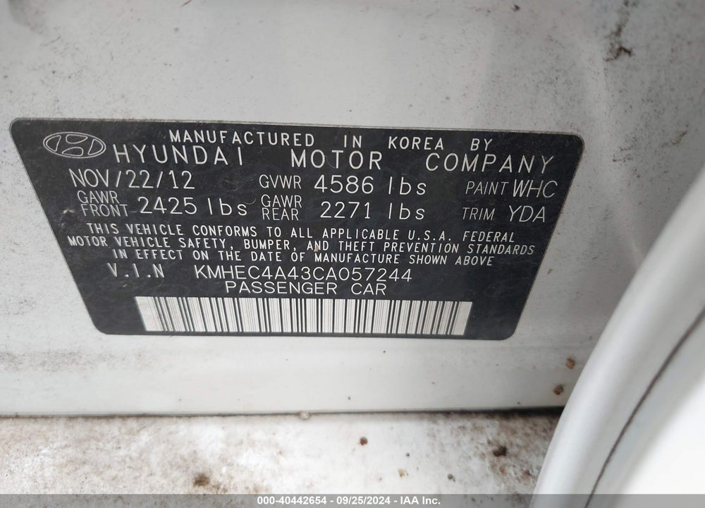 2012 HYUNDAI SONATA HYBRID VIN: KMHEC4A43CA057244