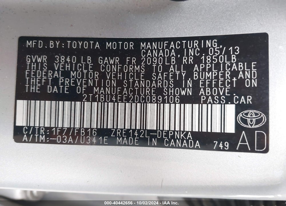 2013 TOYOTA COROLLA LE VIN: 2T1BU4EE2DC089106