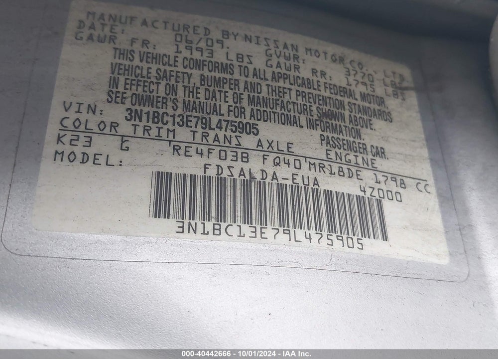 2009 NISSAN VERSA 1.8S VIN: 3N1BC13E79L475905