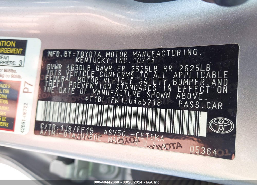 2015 TOYOTA CAMRY SE VIN: 4T1BF1FK1FU485218