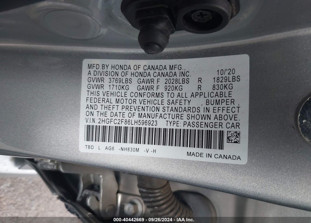 2020 HONDA CIVIC SPORT VIN: 2HGFC2F86LH596923
