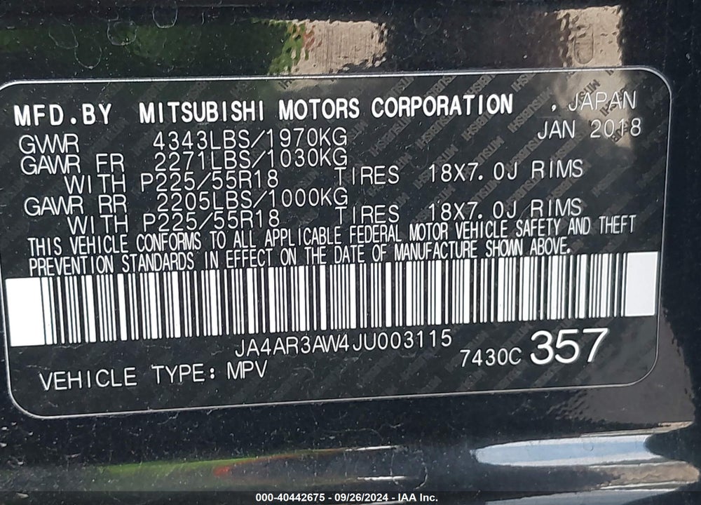 2018 MITSUBISHI OUTLANDER SPORT 2.4 SE VIN: JA4AR3AW4JU003115
