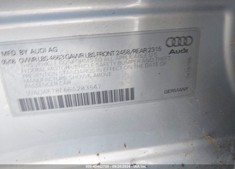 2006 AUDI A4 2.0T VIN: WAUAF78E66A283547