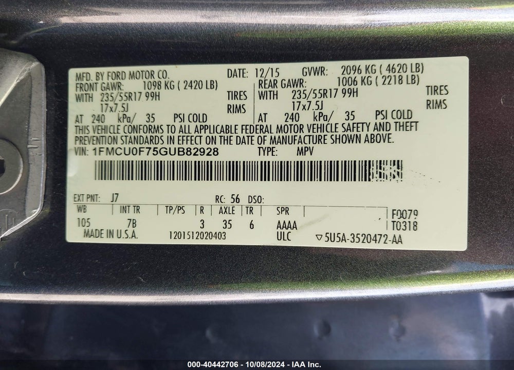 2016 FORD ESCAPE S VIN: 1FMCU0F75GUB82928