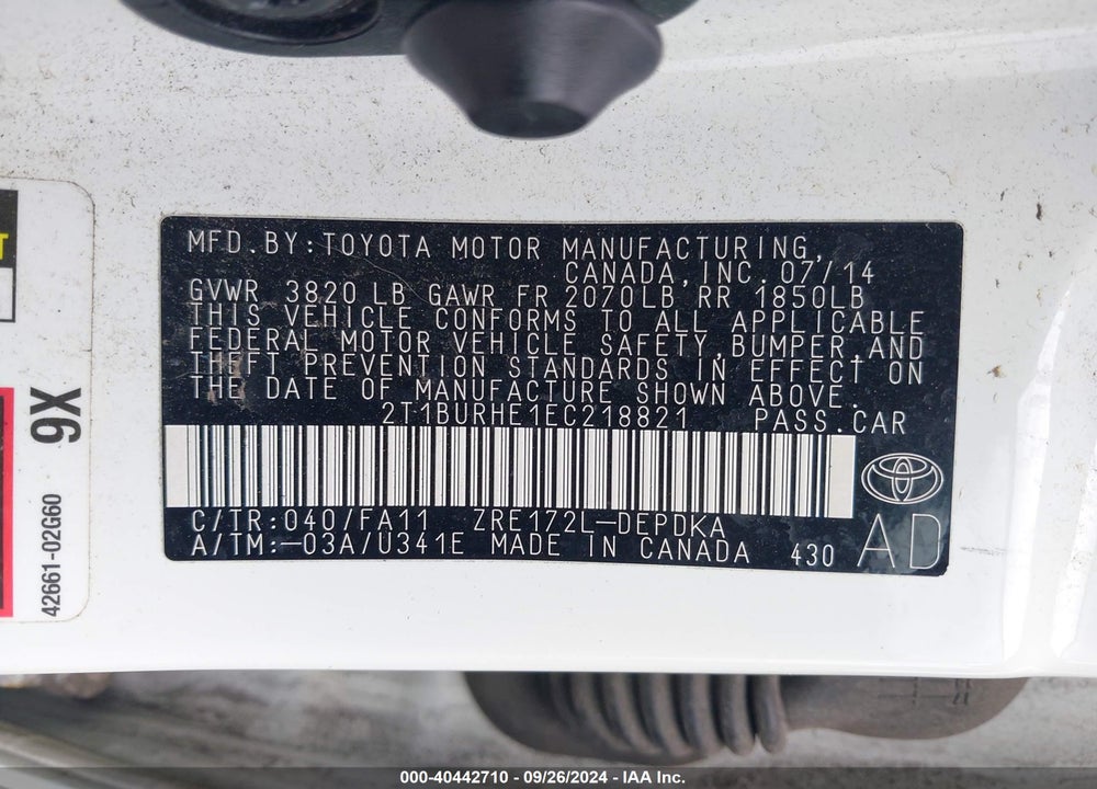 2014 TOYOTA COROLLA L VIN: 2T1BURHE1EC218821