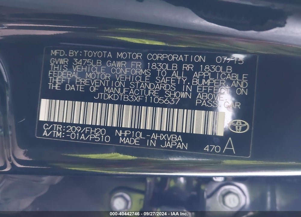 2015 TOYOTA PRIUS C ONE VIN: JTDKDTB3XF1105637