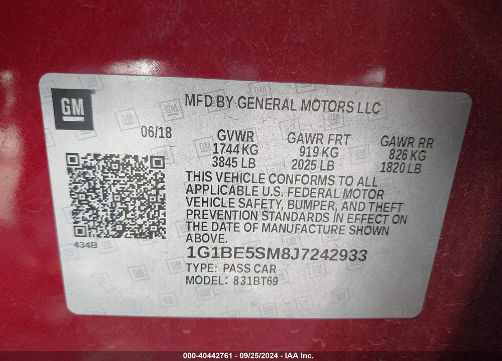 2018 CHEVROLET CRUZE LT AUTO VIN: 1G1BE5SM8J7242933