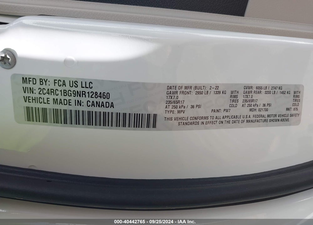 2022 CHRYSLER PACIFICA TOURING L VIN: 2C4RC1BG9NR128460