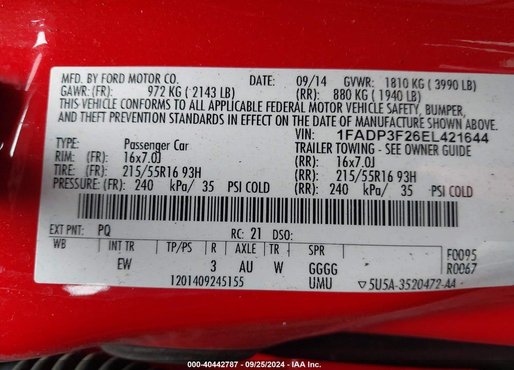 2014 FORD FOCUS SE VIN: 1FADP3F26EL421644