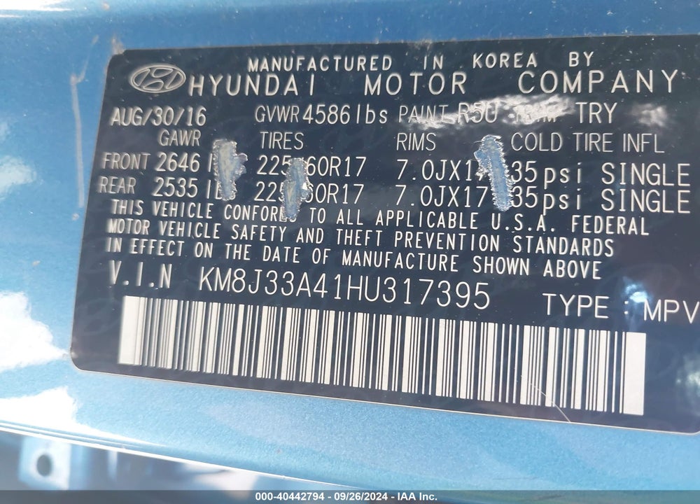 2017 HYUNDAI TUCSON SE VIN: KM8J33A41HU317395