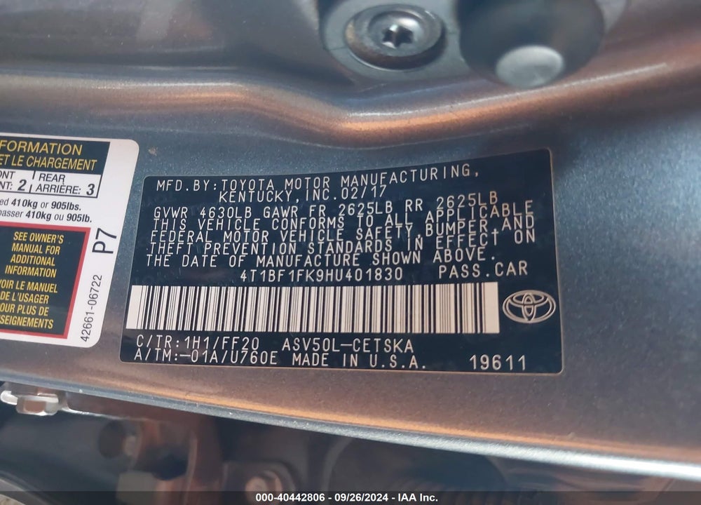 2017 TOYOTA CAMRY SE VIN: 4T1BF1FK9HU401830