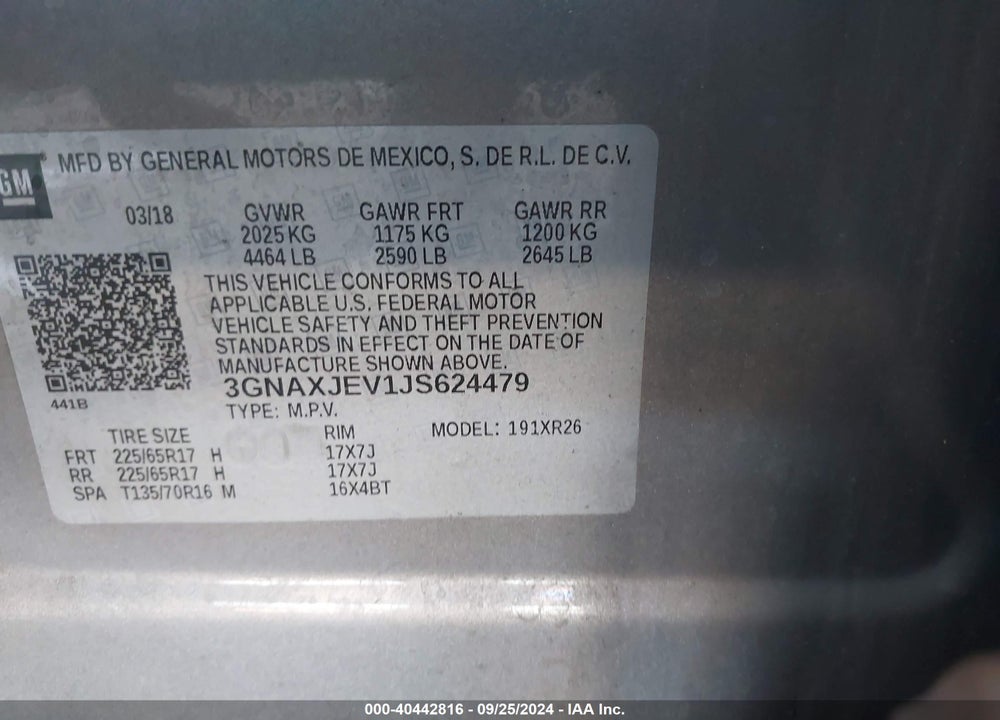 2018 CHEVROLET EQUINOX LT VIN: 3GNAXJEV1JS624479