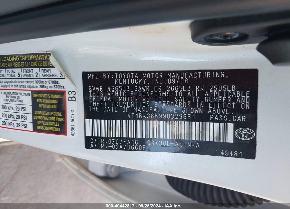 2009 TOYOTA AVALON XL VIN: 4T1BK36B99U329651