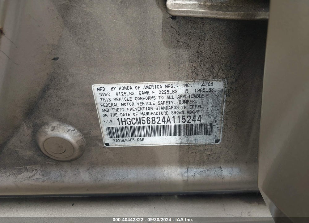 2004 HONDA ACCORD 2.4 EX VIN: 1HGCM56824A115244