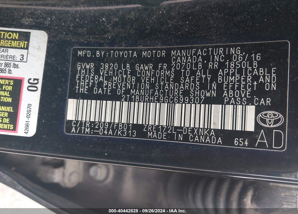 2016 TOYOTA COROLLA LE PLUS VIN: 2T1BURHE9GC699307