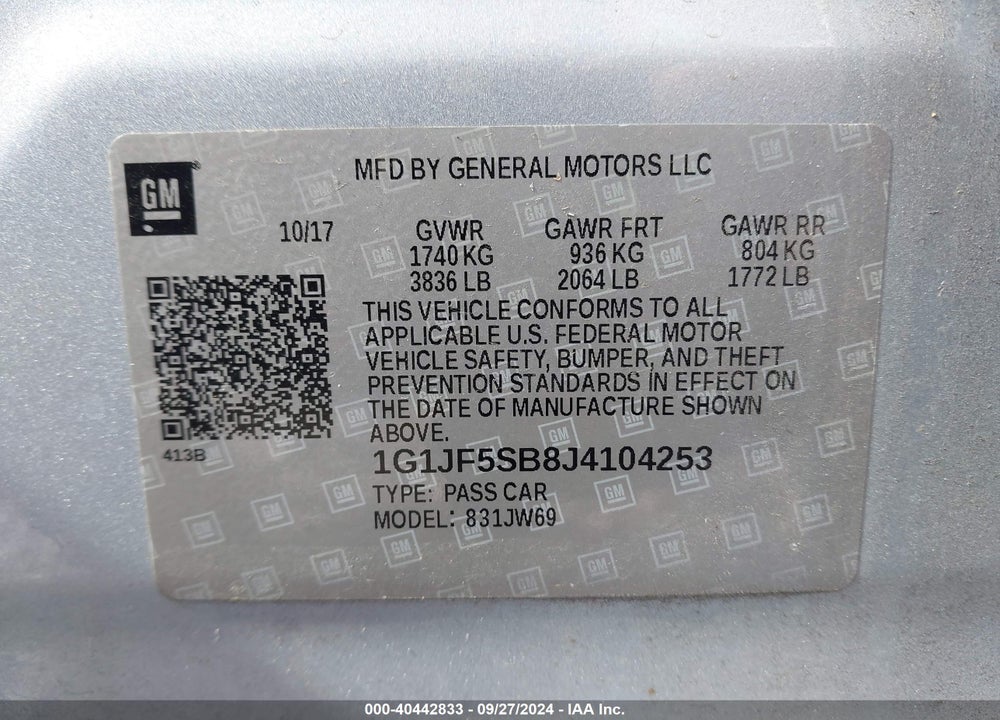 2018 CHEVROLET SONIC PREMIER VIN: 1G1JF5SB8J4104253