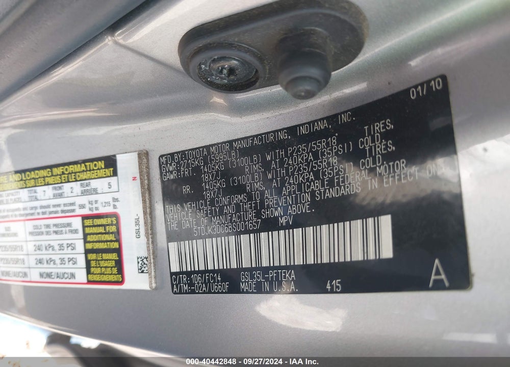 2011 TOYOTA SIENNA LE VIN: 5TDJK3DC6BS001657