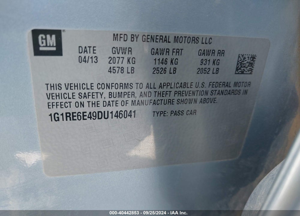 2013 CHEVROLET VOLT VIN: 1G1RE6E49DU146041