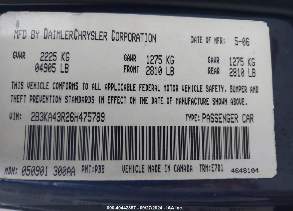 2006 DODGE CHARGER VIN: 2B3KA43R26H475789