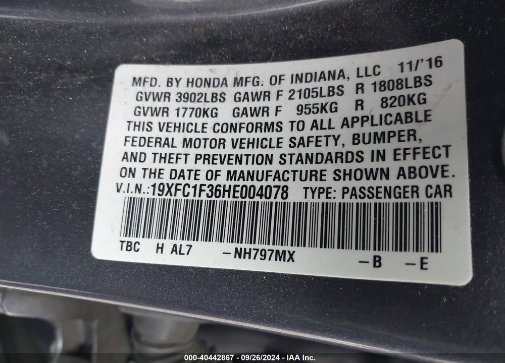 2017 HONDA CIVIC EX-T VIN: 19XFC1F36HE004078